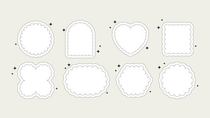 Abstract geometric scallop edge stickers in trendy futuristic style with stars. Brutal forms circle, oval, square, arch, heart. Vector illustration. Bauhaus memphis.