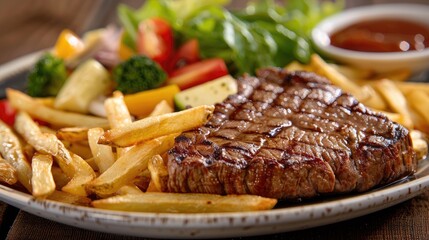 French fries served with a juicy steak and mixed vegetables on a plate