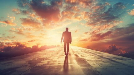 Determined businessman walking confidently towards his ambition on a sunny urban street, symbolizing professional success and career goals, ideal for business motivation and corporate achievement conc