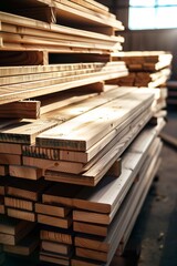 Obraz premium Pile of wood lumber planks stacked at residential construction site or shop.