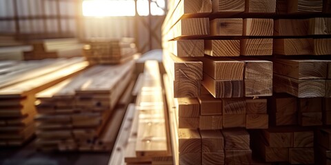 Pile of wood lumber planks stacked at residential construction site or shop.