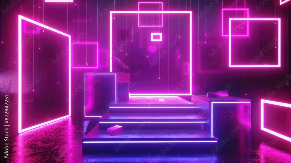 Poster A glowing neon podium with geometric shapes such as squares and circles orbiting around it, creating an immersive environment. 