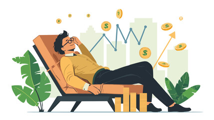 Passive income and market investing flat vector illustration. Investor man relax in chair and get money profits