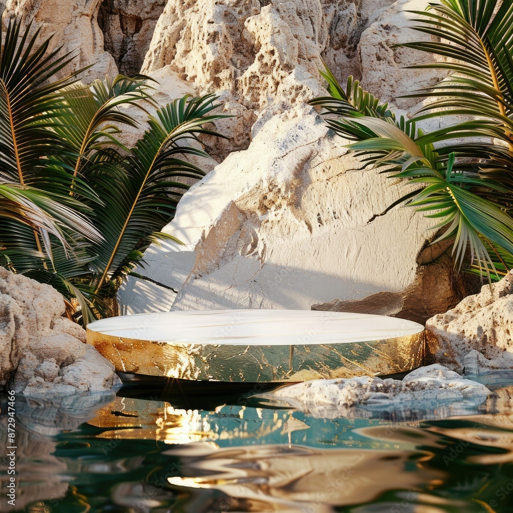 Poster A 3D render of an abstract scene featuring a white and gold cobblestone podium surrounded by tropical leaves, with a rock platform and reflections in the water. 