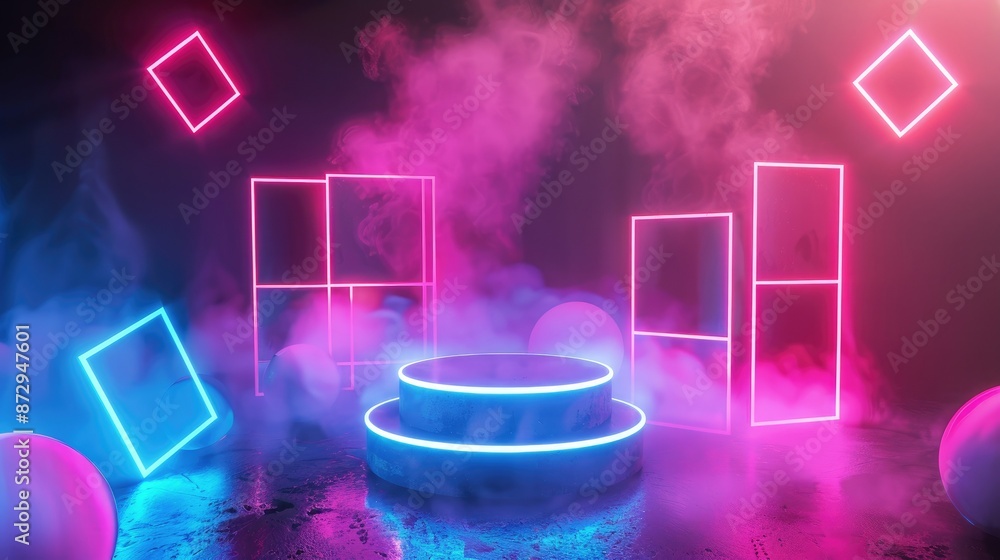 Poster A glowing neon podium with geometric shapes such as squares and circles orbiting around it, creating an immersive environment. 
