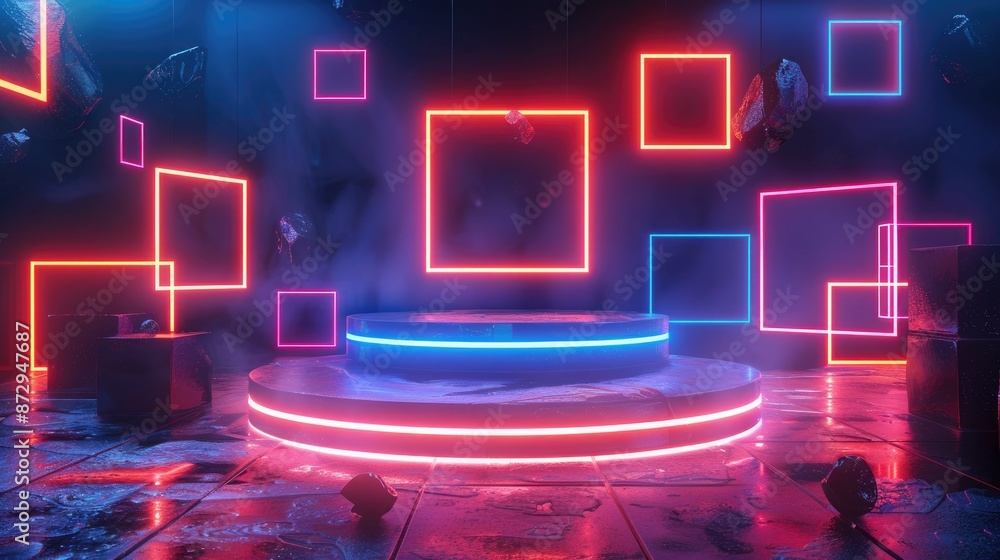 Poster A glowing neon podium with geometric shapes such as squares and circles orbiting around it, creating an immersive environment. 