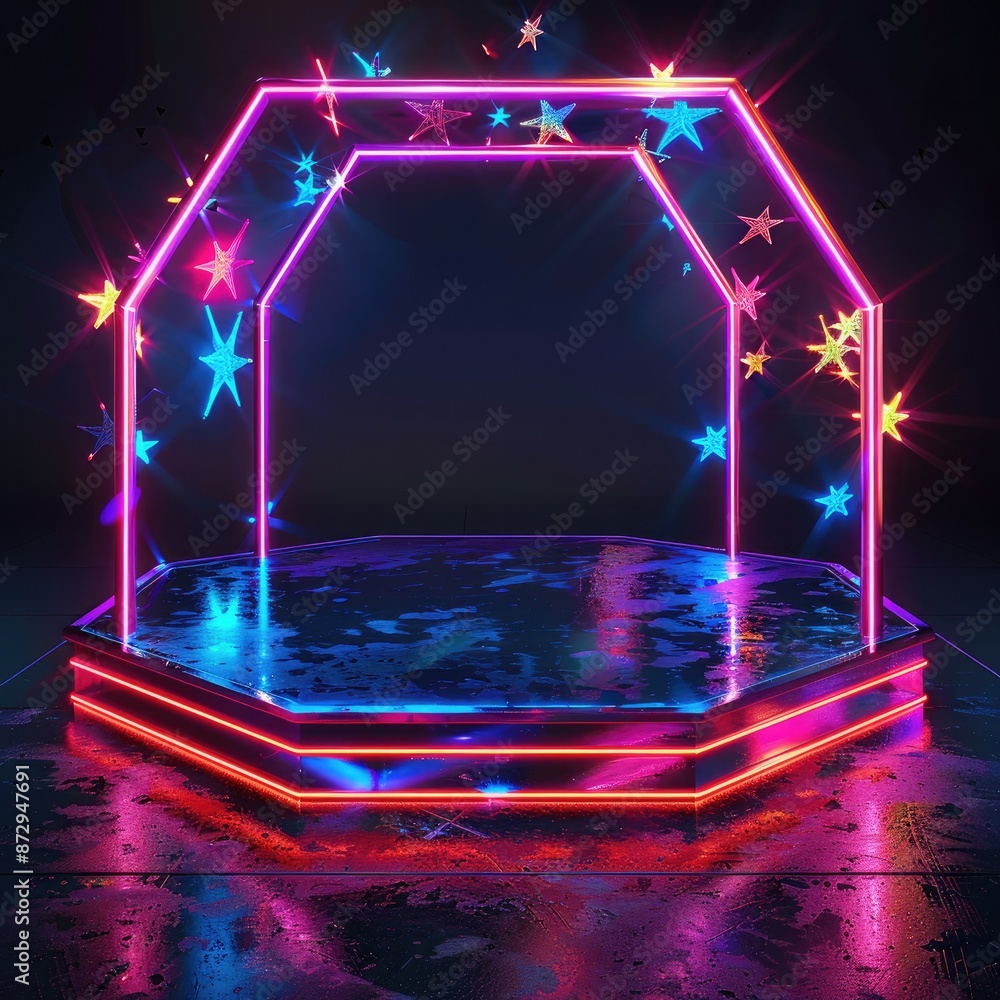 Poster A hexagonal neon podium with a pattern of glowing geometric shapes, including stars and intersecting lines, for a modern aesthetic.