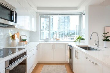 Fototapeta premium Modern Urban Kitchen Interior with Natural Light and City View