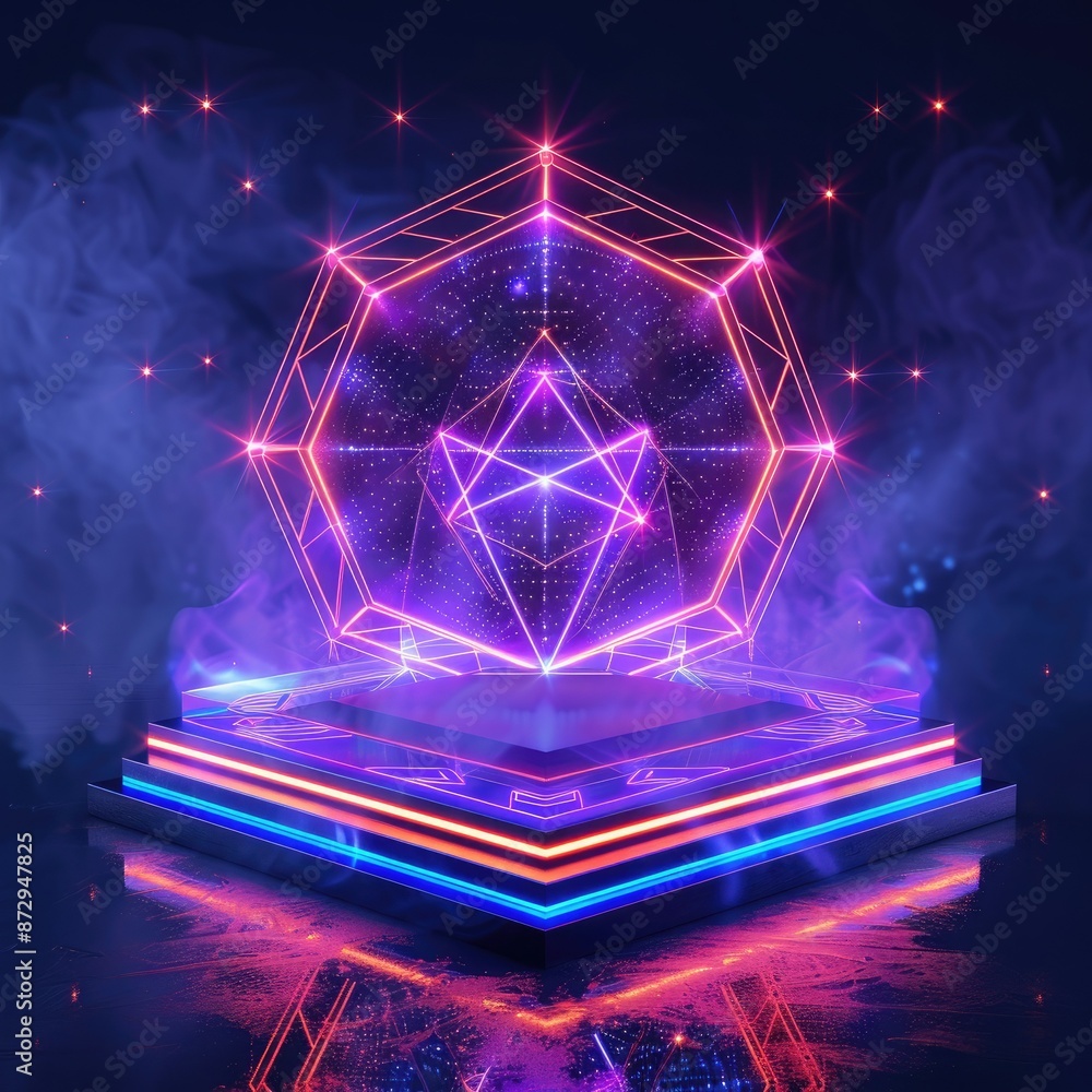 Poster A hexagonal neon podium with a pattern of glowing geometric shapes, including stars and intersecting lines, for a modern aesthetic. 