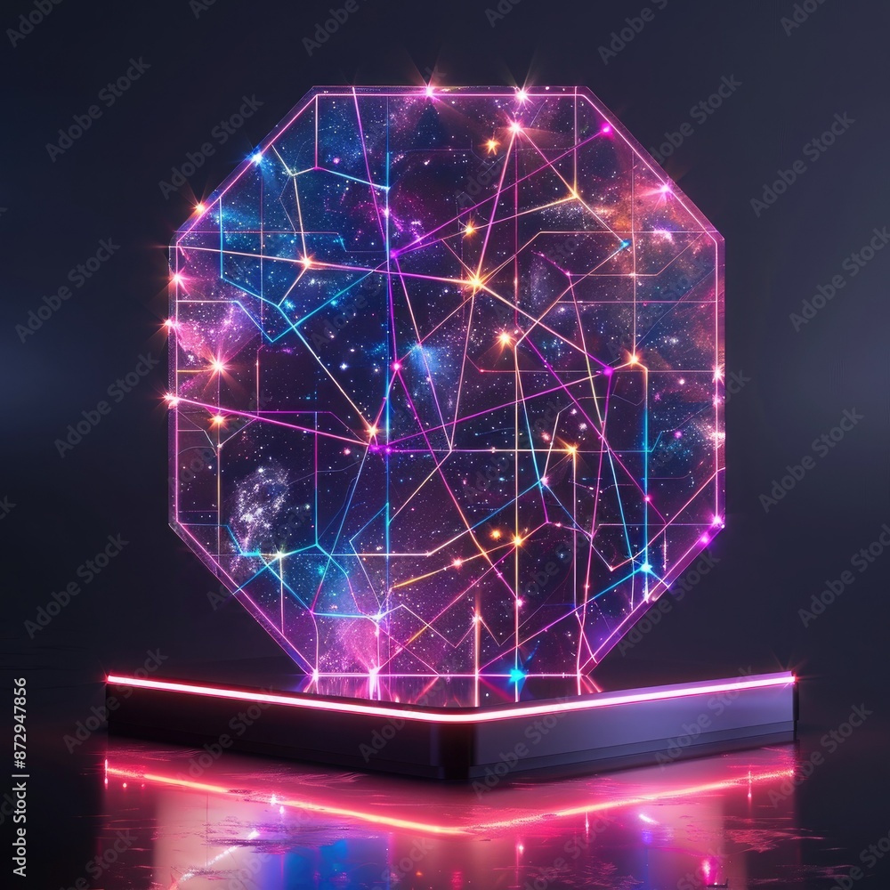 Poster A hexagonal neon podium with a pattern of glowing geometric shapes, including stars and intersecting lines, for a modern aesthetic. 