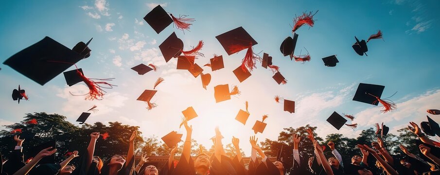 Group of graduates tossing caps in the air