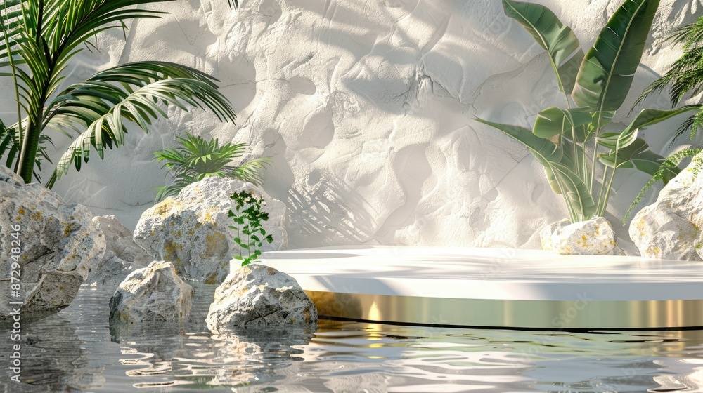 Poster a 3d render of a unique scene with a white and gold cobblestone podium, tropical leaves, and a rock 