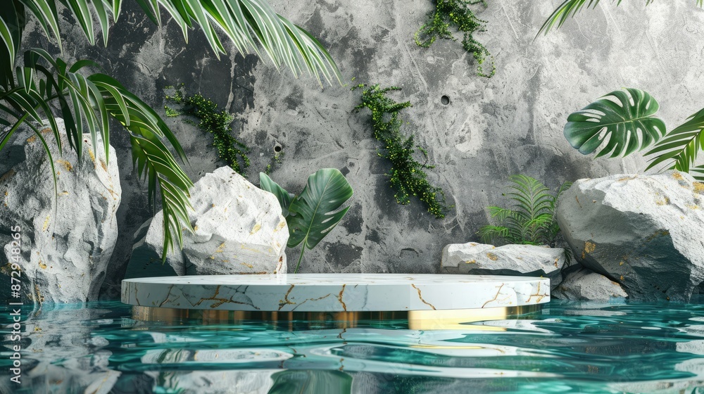Poster a 3d render of a unique scene with a white and gold cobblestone podium, tropical leaves, and a rock 