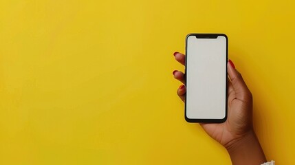 black woman's hand showing big smartphone, white screen empty copy space for advertising banner isolated on yellow background