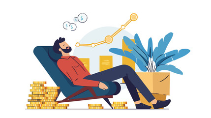 Passive income and market investing flat vector illustration. Investor man relax in chair and get money profits