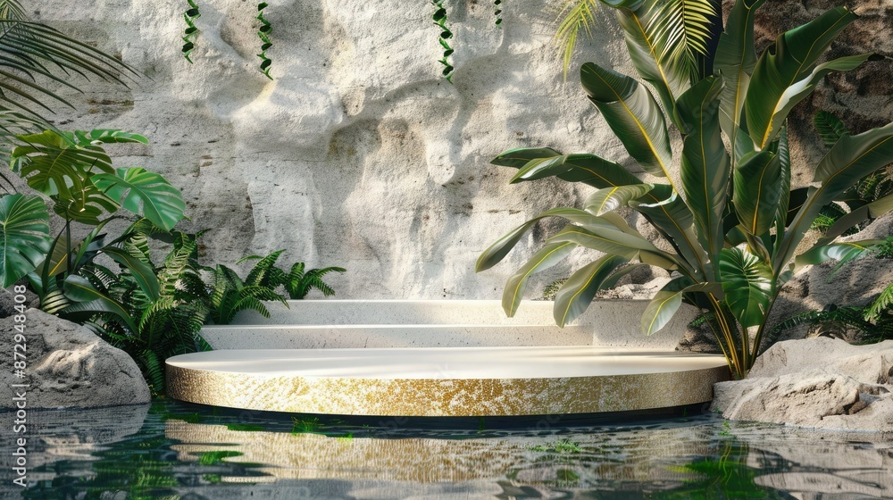 Aufkleber a 3d render of a white and gold cobblestone podium on a rock platform, adorned with tropical leaves 