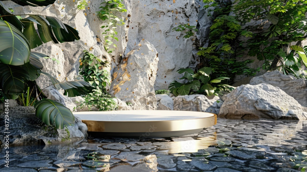 Aufkleber a 3d render of a white and gold cobblestone podium on a rock platform, adorned with tropical leaves 
