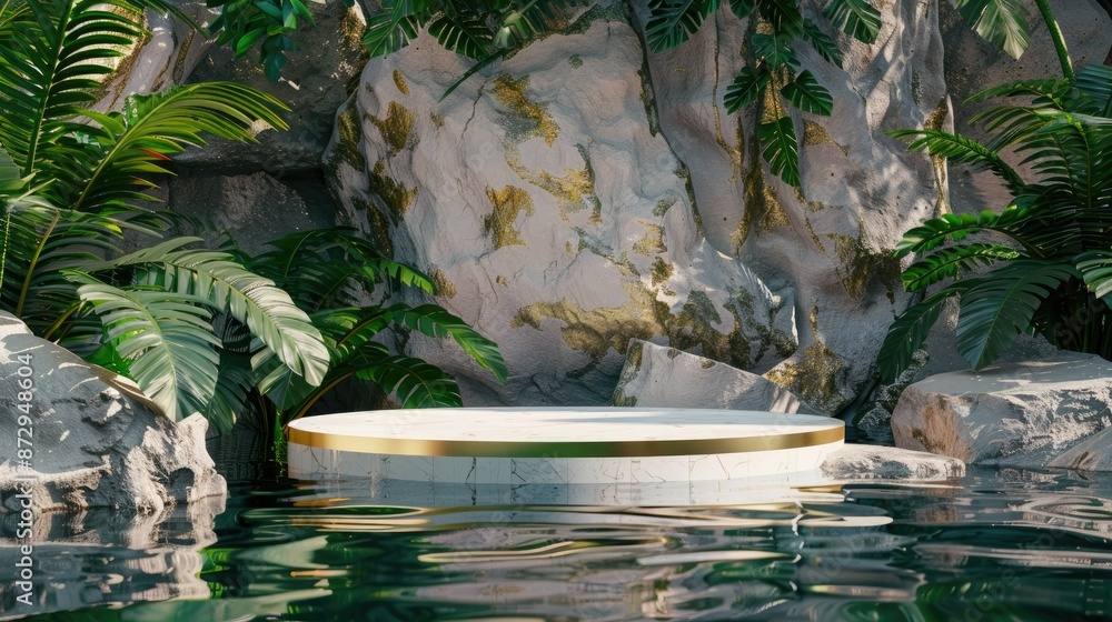 Poster a 3d render of an abstract scene featuring a white and gold cobblestone podium surrounded by tropica