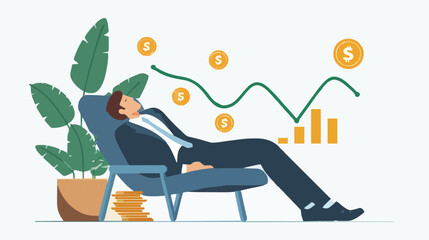 Passive income and market investing flat vector illustration. Investor man relax in chair and get money profits