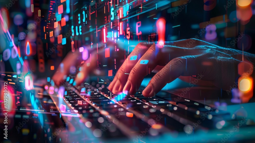 Poster close-up of hands typing on laptop keyboard with abstract glowing business chart hologram on blurry 