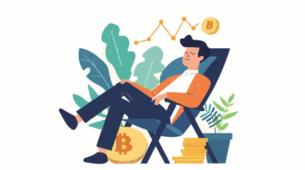 Passive income and market investing flat vector illustration. Investor man relax in chair and get money profits