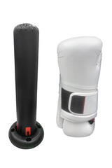 black punching bag and white boxing gloves isolated on white background
