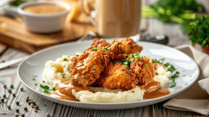 Plate of fried chicken with mashed potatoes and gravy on a rustic table