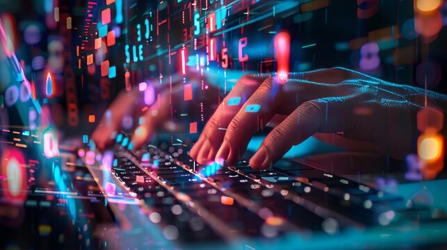 Close-up of hands typing on laptop keyboard with abstract glowing business chart hologram on blurry background, representing technology and financial growth concepts