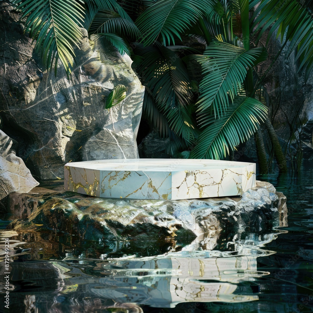 Poster a striking abstract scene featuring a white and gold cobblestone podium on a rock platform, surround