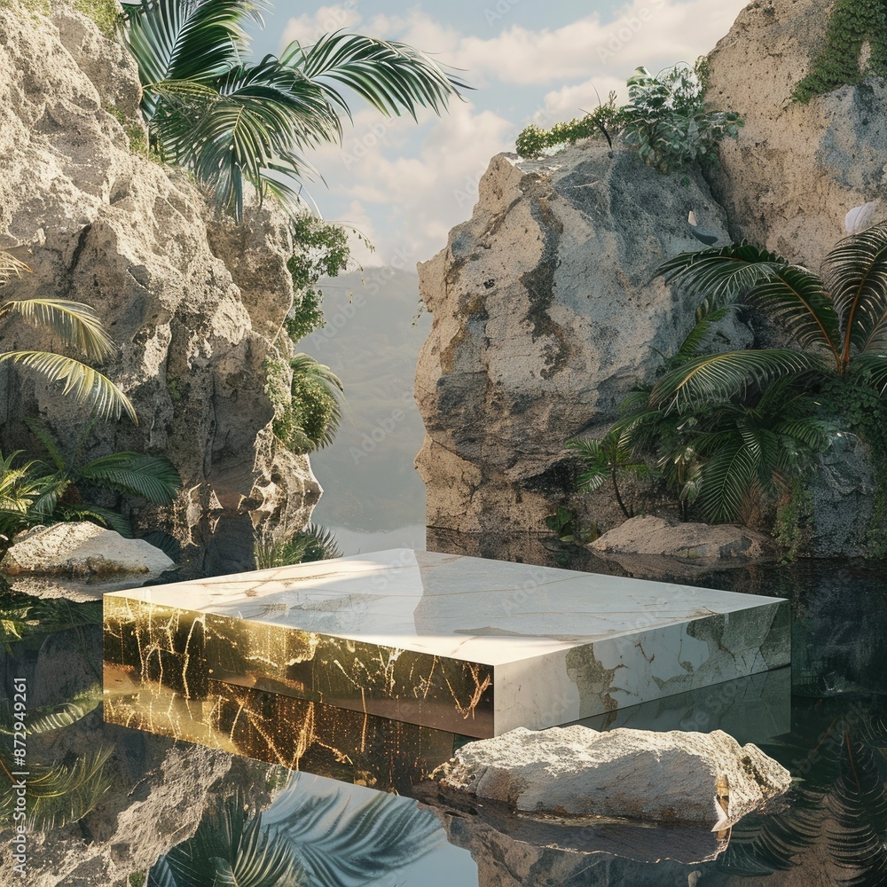 Poster a striking abstract scene featuring a white and gold cobblestone podium on a rock platform, surround