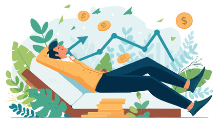 Passive income and market investing flat vector illustration. Investor man relax in chair and get money profits