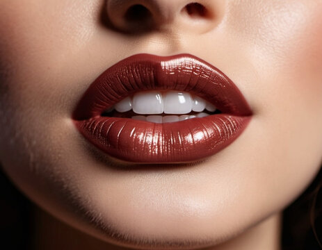 Close-up of a woman lips, featuring shimmering brown beige lipstick that adds a touch of sparkle. The lips are slightly parted, revealing a glimpse of white teeth. Sensuality sexuality. AI generated