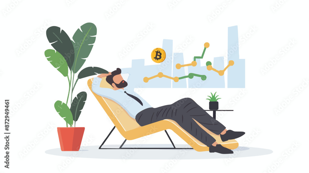 Poster Passive income and market investing flat vector illustration. Investor man relax in chair and get money profits