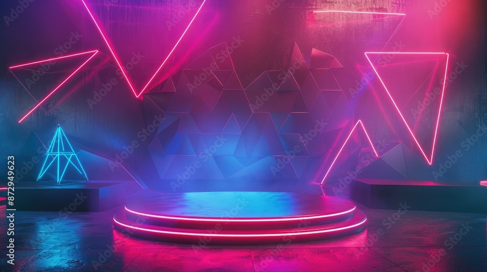 Aufkleber a neon-lit podium with a geometric backdrop of glowing lines and shapes, including diamonds and poly