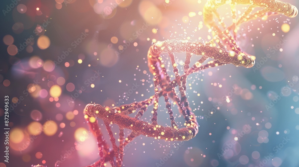 Poster glowing dna helix with vibrant particles and bokeh on a light background. ideal for biotechnology.