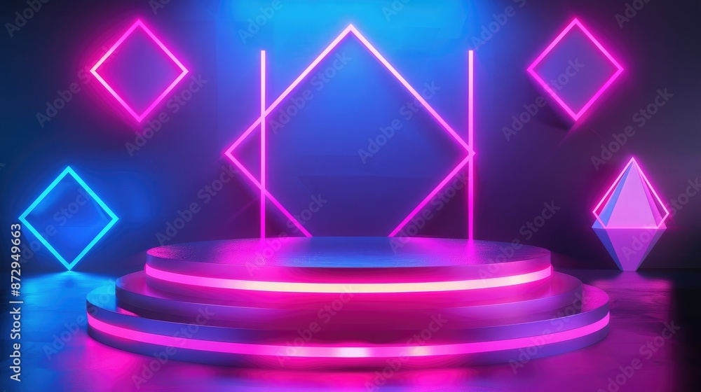Aufkleber a neon-lit podium with a geometric backdrop of glowing lines and shapes, including diamonds and poly