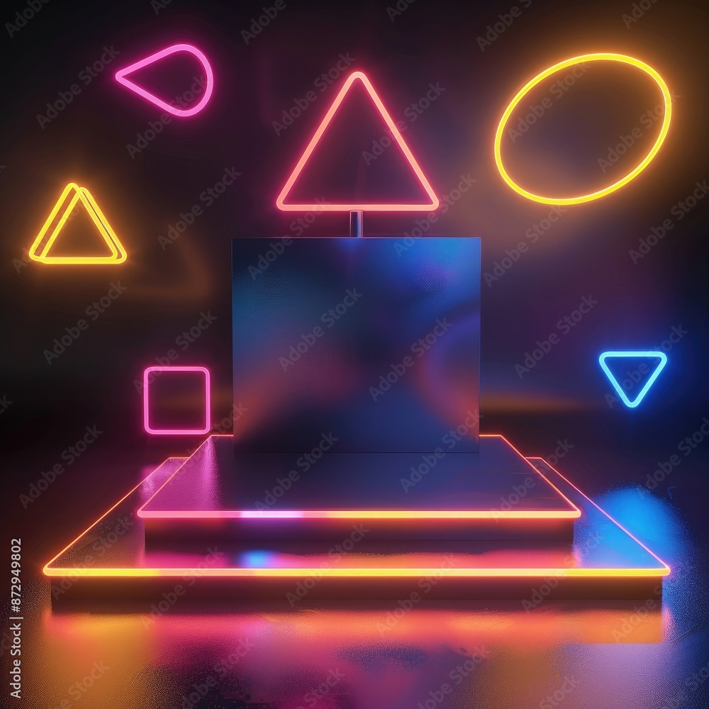 Poster a square neon podium surrounded by a series of floating geometric shapes, all glowing with different
