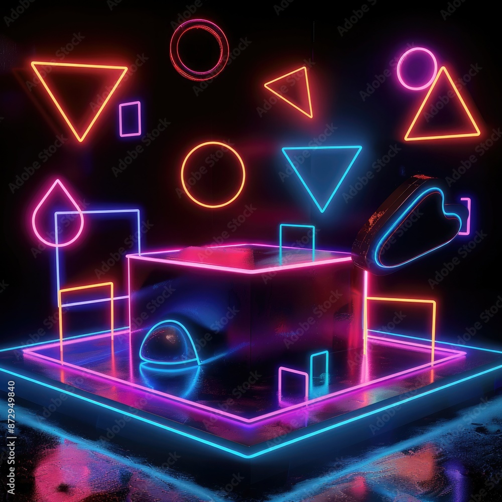 Poster A square neon podium surrounded by a series of floating geometric shapes, all glowing with different neon colors. 