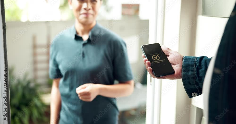 Poster courier woman, package and cellphone with tick and notification, delivery and security verification.