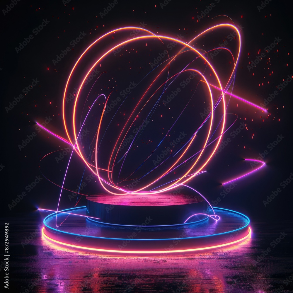 Poster A glowing neon podium with abstract geometric shapes in the form of lines and curves surrounding it, creating a dynamic visual effect. 