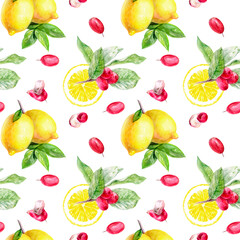 A design with lemons, leaves, and miracle fruit berries on a white background, forming a lively pattern
