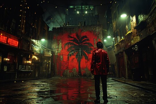 Man Stands Before Palm Tree Mural in Nighttime City Alley - Powered by Adobe