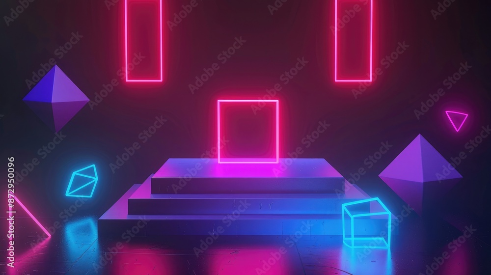 Poster a neon podium set against a dark background, with geometric shapes like cubes and pyramids emitting 