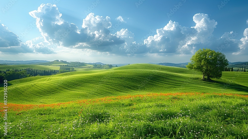 Wall mural Rolling Green Hills with Blooming Wildflowers and Trees in a Serene Countryside Landscape at Sunrise in Spring