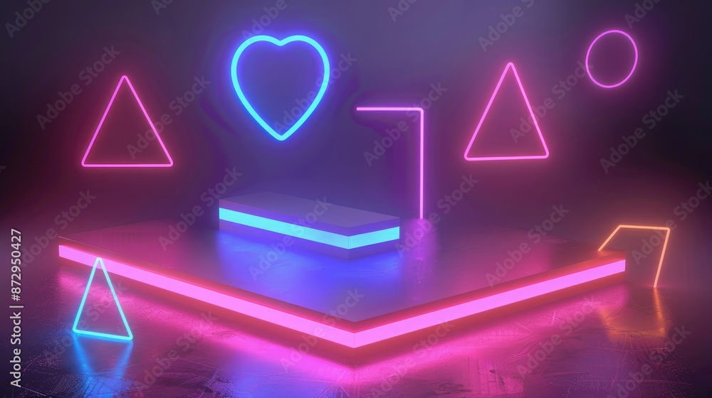 Poster A square neon podium surrounded by a series of floating geometric shapes, all glowing with different neon colors. 