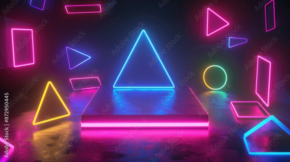 Poster A square neon podium surrounded by a series of floating geometric shapes, all glowing with different neon colors. 