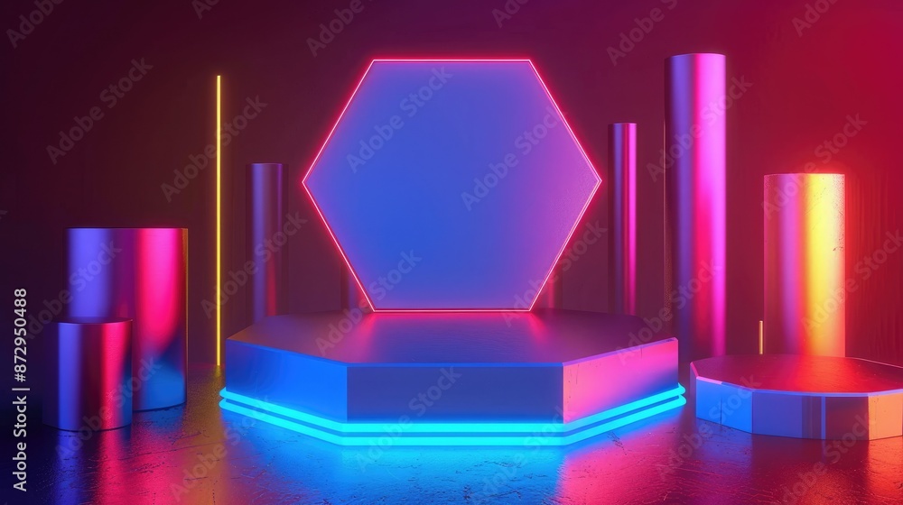 Poster A hexagonal neon podium with glowing geometric shapes such as cylinders and prisms around it, providing an artistic composition.