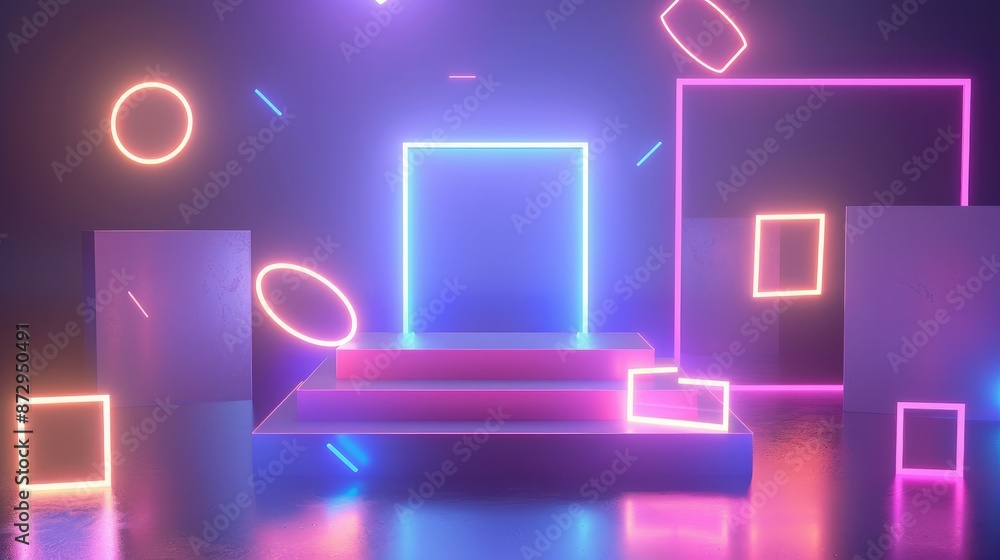 Poster A glowing neon podium with geometric shapes such as squares and circles orbiting around it, creating an immersive environment. 