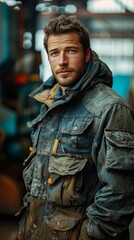 Fototapeta premium male worker stands in a workshop against an industrial background.