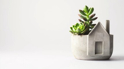 Succulent mini garden in cement planter shaped like a house on white background Charming indoor plant decor as hobby banner for design shop social media